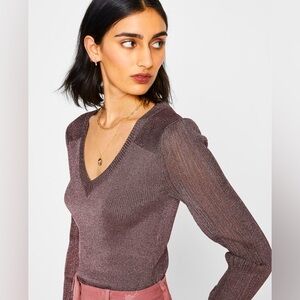Purple Club Monaco Metallic Sweater with Long Sleeves and V-Neckline
